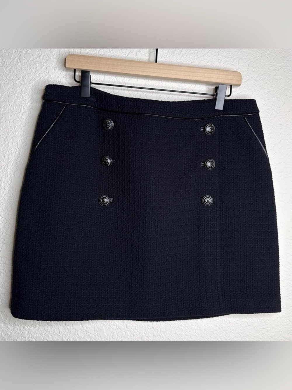 Black Tweed Mini Skirt Button Front Sz 12 White House Black Market WHBM Preppy